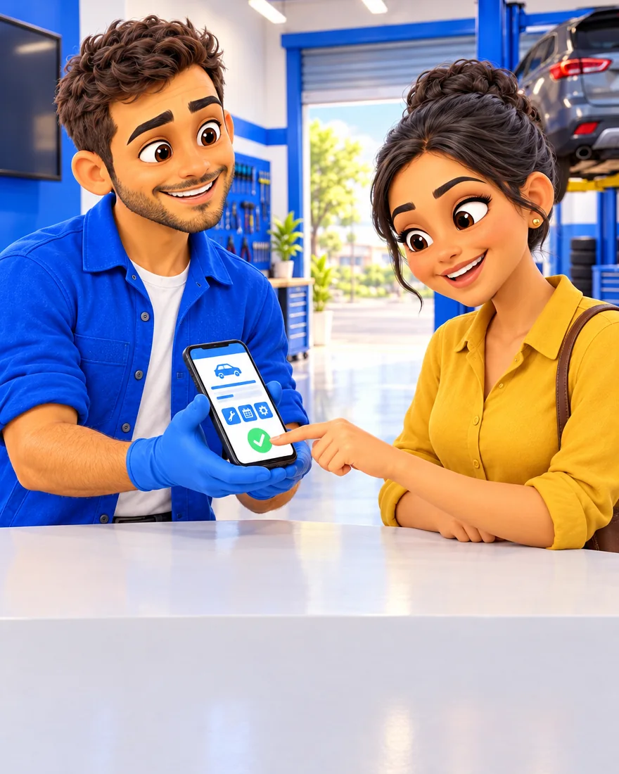 No balcão da oficina azul, a cliente assina no celular do mecânico com o dedo e sorri