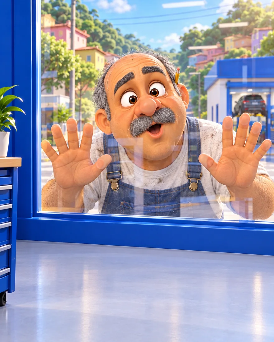 O dono da oficina, em desenho, com o rosto colado no vidro da oficina azul, de olhos arregalados