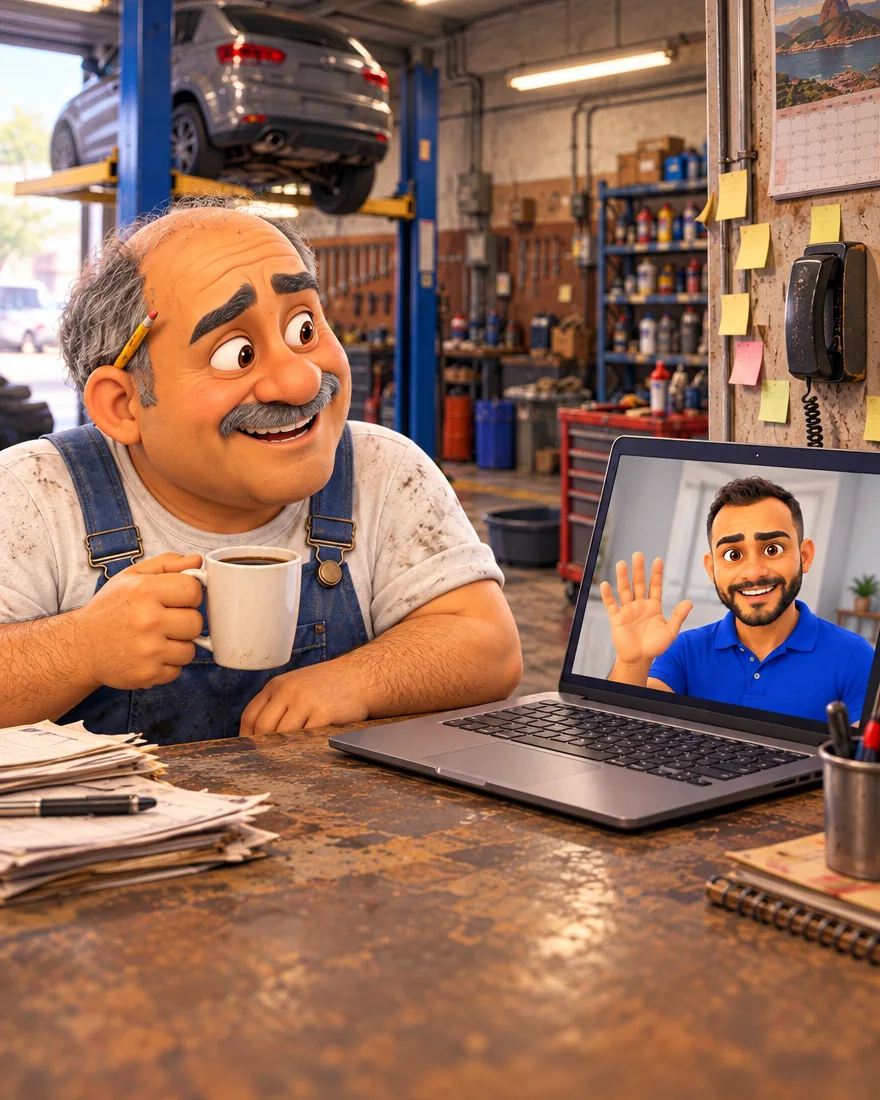 O dono da oficina, em desenho, toma café no balcão enquanto o CEO da VRUM acena de dentro da tela do notebook, numa chamada de vídeo