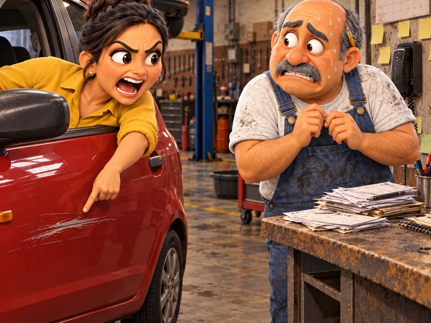 A cliente, em desenho, aponta um risco na porta do carro enquanto o dono da oficina engole seco
