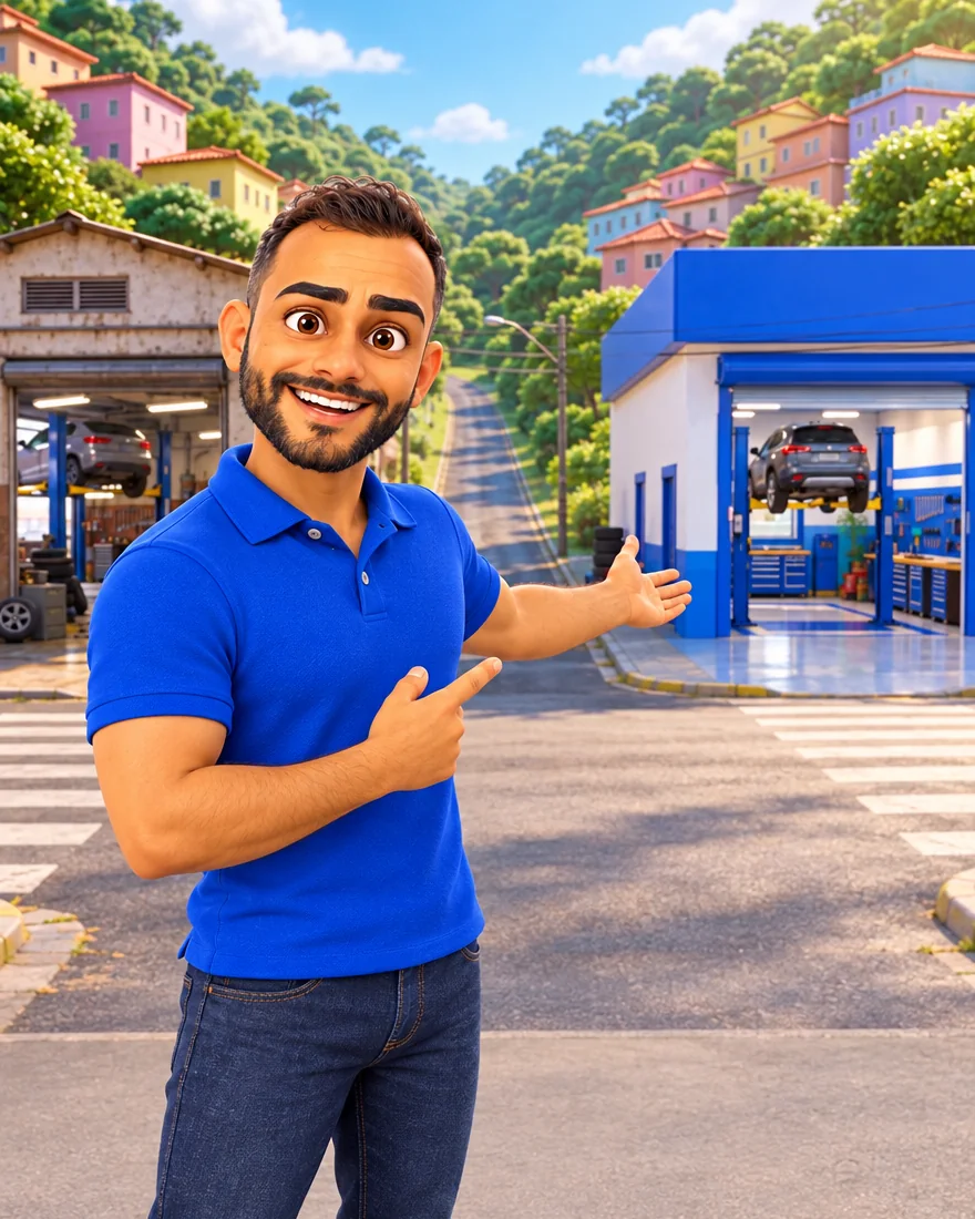 O CEO da VRUM, em desenho, na calçada, apontando para a oficina azul do outro lado da rua