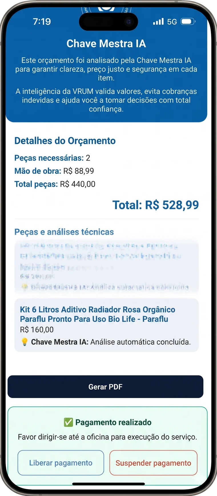 Tela real do aplicativo VRUM: orçamento de manutenção analisado pela Chave Mestra IA, com peças, valores e pagamento realizado
