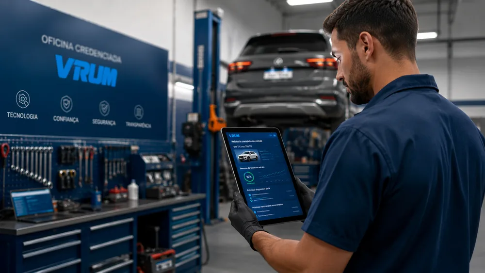 Mecânico em oficina credenciada VRUM consultando o relatório do veículo no tablet