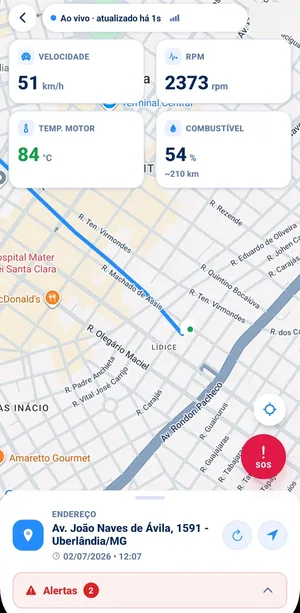 Tela do app VRUM com um carro de demonstração: velocidade, rotação, temperatura do motor e combustível em cima do mapa