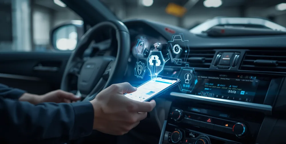 Motorista com o celular exibindo diagnósticos do veículo em hologramas dentro do carro