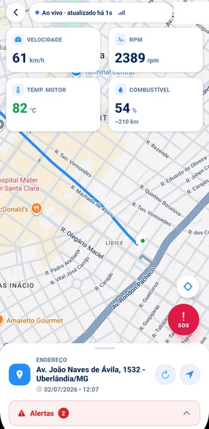 Tela real do aplicativo VRUM exibindo telemetria ao vivo do veículo