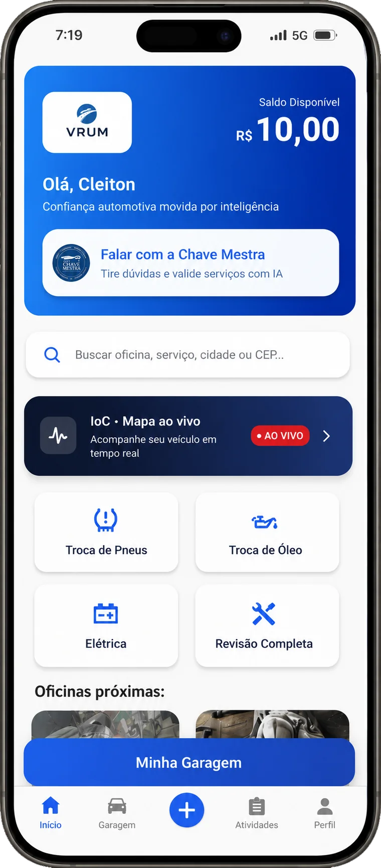 App VRUM no celular: diagnóstico do carro, orçamento validado pela IA e pagamento protegido em custódia
