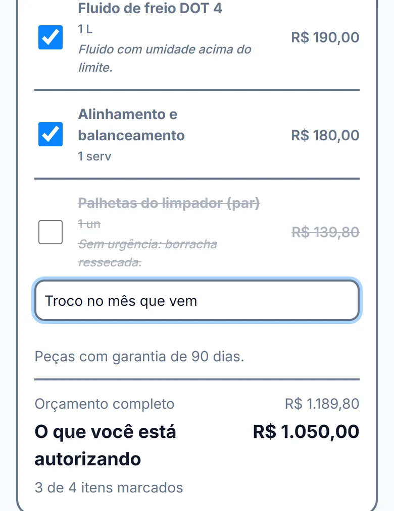 Item das palhetas desmarcado e riscado, com o motivo Troco no mês que vem, e o total autorizado caindo para R$ 1.050,00, três de quatro itens marcados.