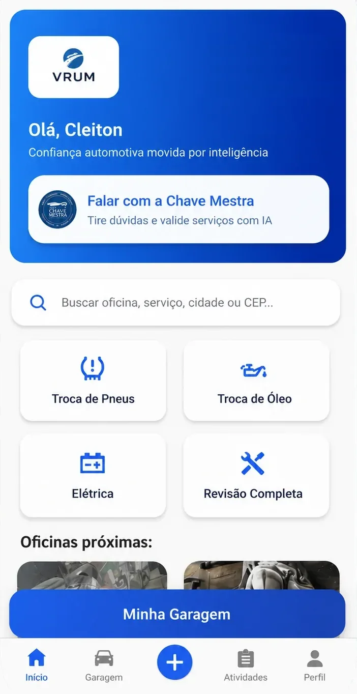 Tela inicial do app VRUM no celular