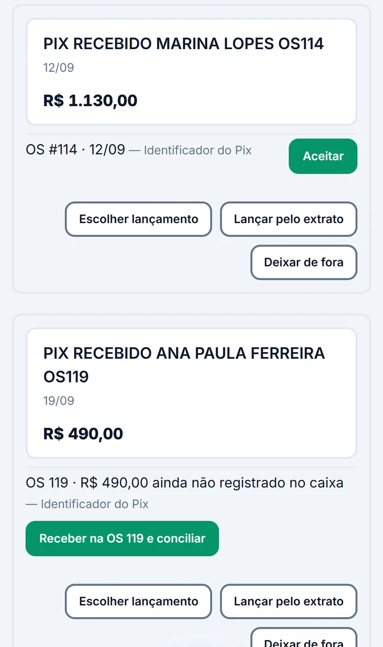 Conciliação bancária no celular: a linha do extrato PIX RECEBIDO MARINA LOPES OS114 com a sugestão OS #114, identificador do Pix, e o botão Aceitar.
