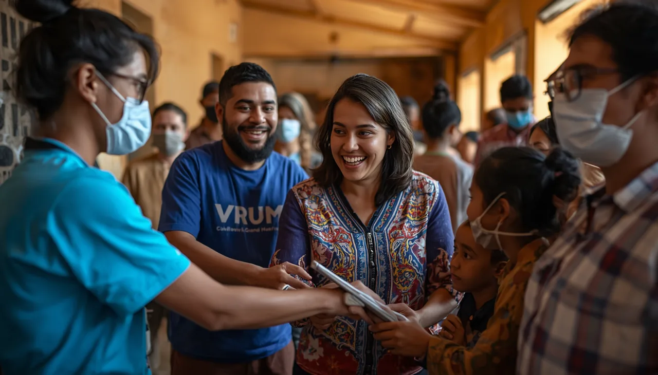 Voluntários e pessoas da comunidade se ajudando — um deles vestindo camiseta VRUM